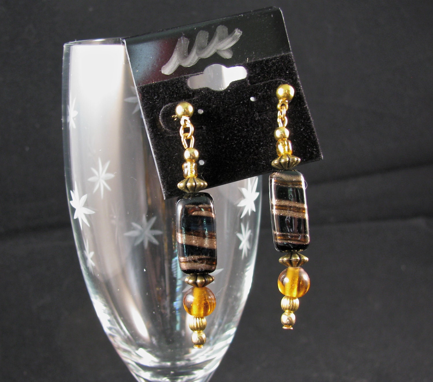 30% OFF Black and gold stone with amber accents gold tone post earrings