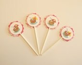 Luau Cocktail Cupcake Picks Set of 12 - Hawaiian Theme Party, Bright Pink and Yellow, Tropical Drink