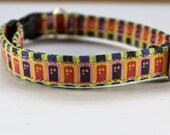 Mini Tardis cat collar in Pop Art multi colors with pink, neon yellow, and blue...perfect for Doctor Who fans