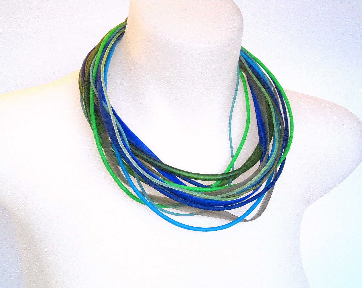 emerald green dusk Monaco blue summer necklace, infinity style, trendy necklace, statement necklace, designer rubber PVC, ocean colours