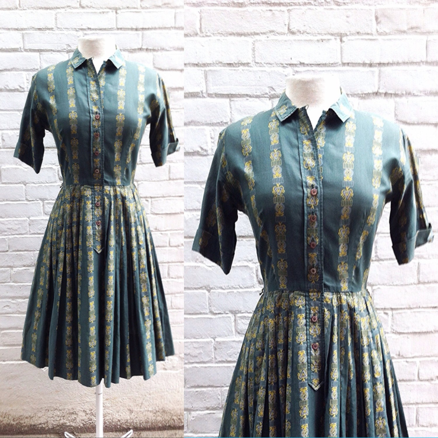1950s Novelty Print Slate Green Cotton Shirt Dress
