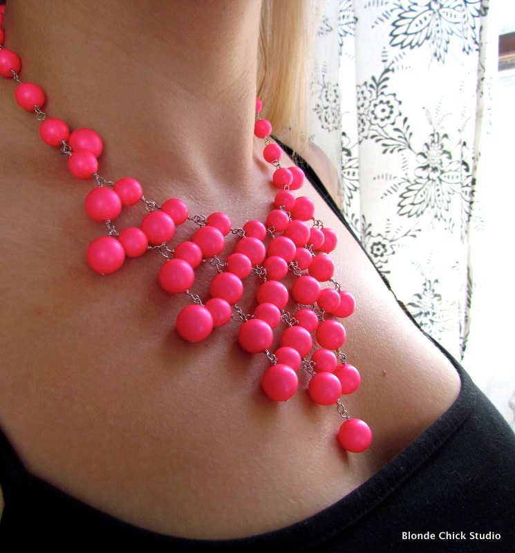 GEM-Neon Pink Swarovski Crystal Pearl Silver Bib Style Necklace