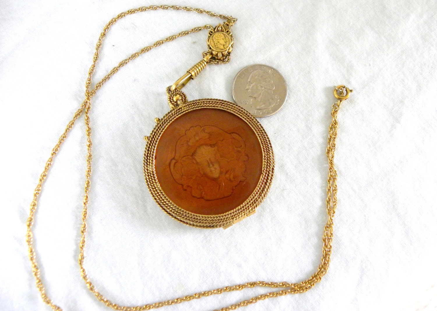 Large Art Noveau Style Intaglio Snap Locket on Coin Slide Chain