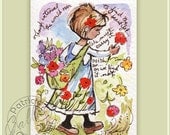 ACEO Watercolor Original Painting Girl with Red Pink Flowers Beautiful Emerson quote FREE Shipping