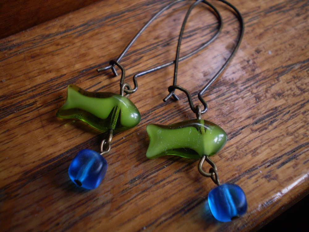 Green Czech Glass Fish Dangle Earrings with Antique Brass Kidney Wires