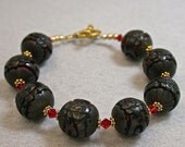 Vintage Chinese Black Cinnabar Bead Bracelet ,Red Swarovski Crystal