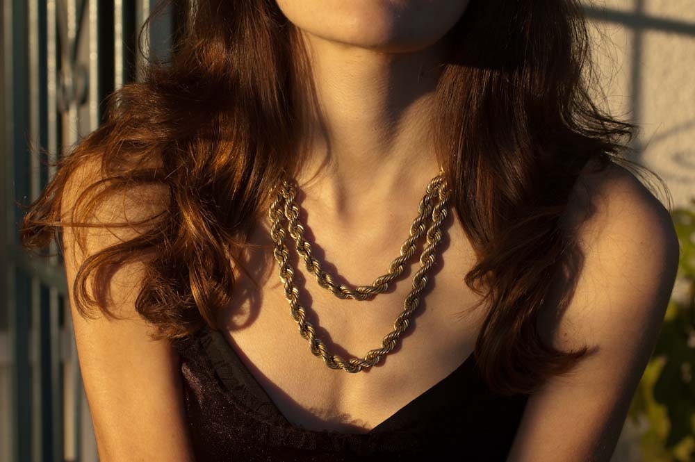 Gold Chain Necklace - Layered Statement Necklace - Double Strand - Modern Vintage - Rope Chain - Bib Style - OOAK