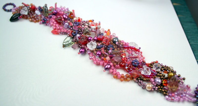 Beadwoven bracelet, Freeform pink and purple beadwoven OOAK bracelet, crystals, pearls, pressed glass
