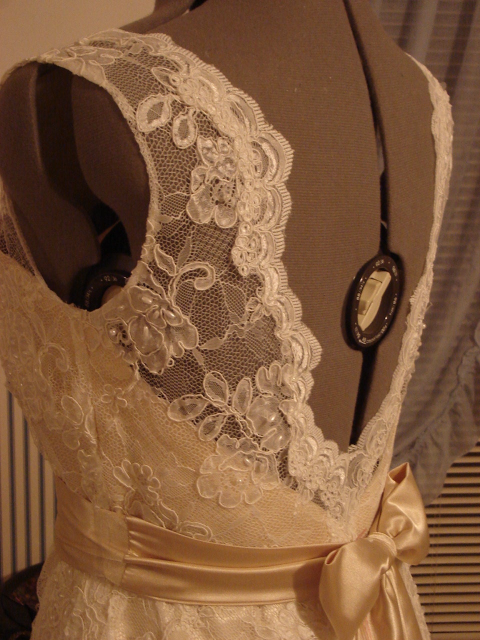 Super elegant French Lace Wedding Dress, modified to your specifications, Alencon or Chentilly Lace, with train, Deep back