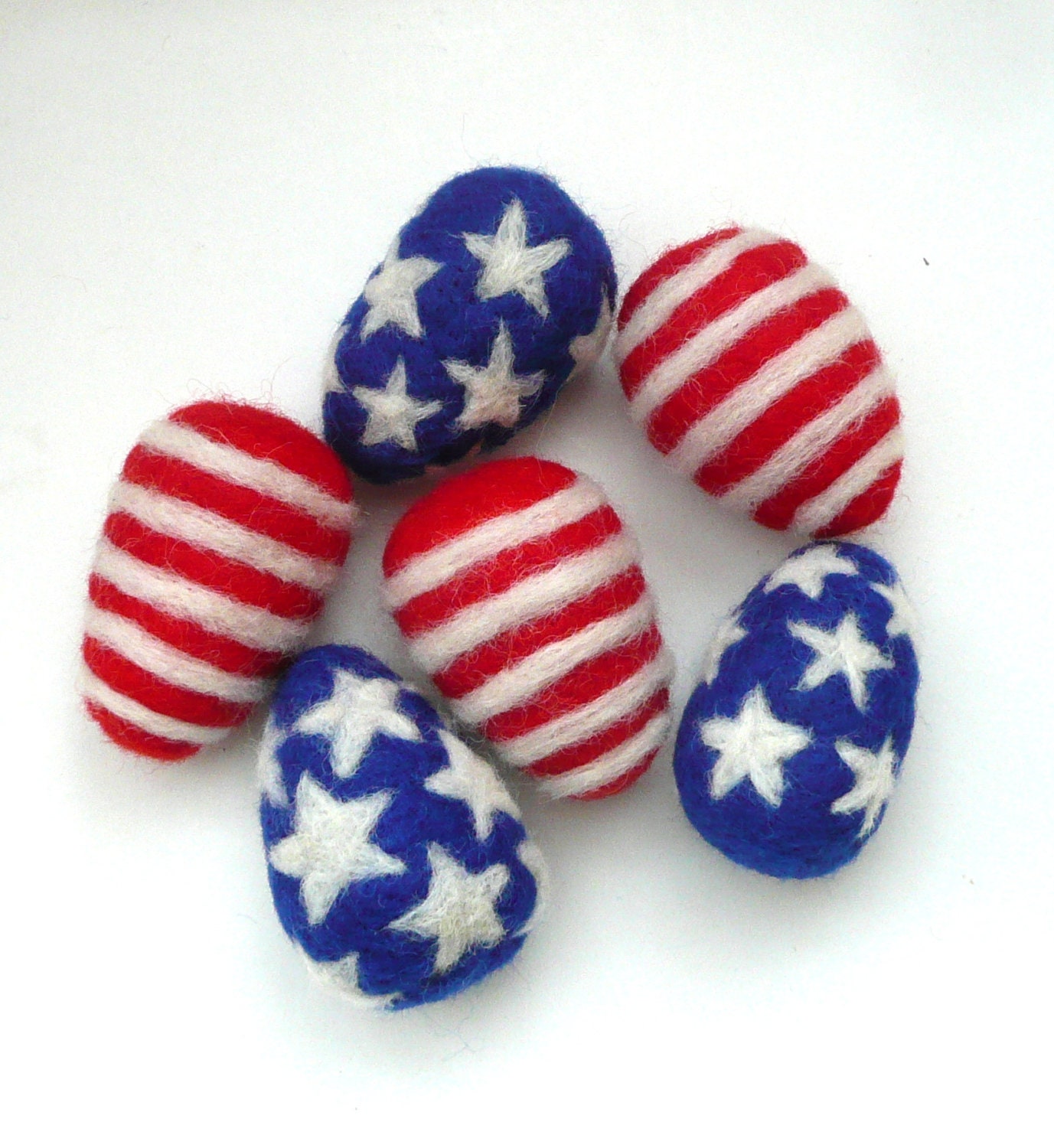 Patriotic decor 2 felted wool eggs or balls party American flag  blue white red ornaments decoration home