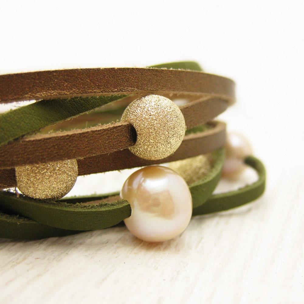 Peach Pearl and Gold with Bronze and Olive Leather Wrap Bracelet / Fresh Water Pearl & Eco Friendly Leather / gladiator tribal bohemian sag