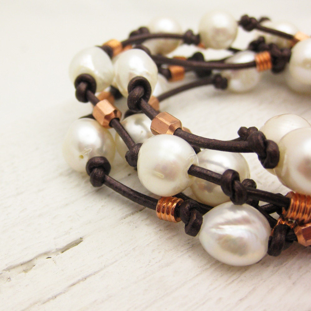 Pearl Copper Leather Wrap Bracelet Necklace / metallic maroon ivory cream white convertible eco friendly / ocean nautical sea fall inspired