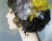 Yellow and Gray Wedding Veil and Fascinator  (Colors can be customized)