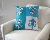 New Orleans Vera Silk PiIllow Sham - Throw Pillow Cover - 1960s Fleur de Lis Silk Handmade into Sofa Cushion - Emerald Aqua Home Decor