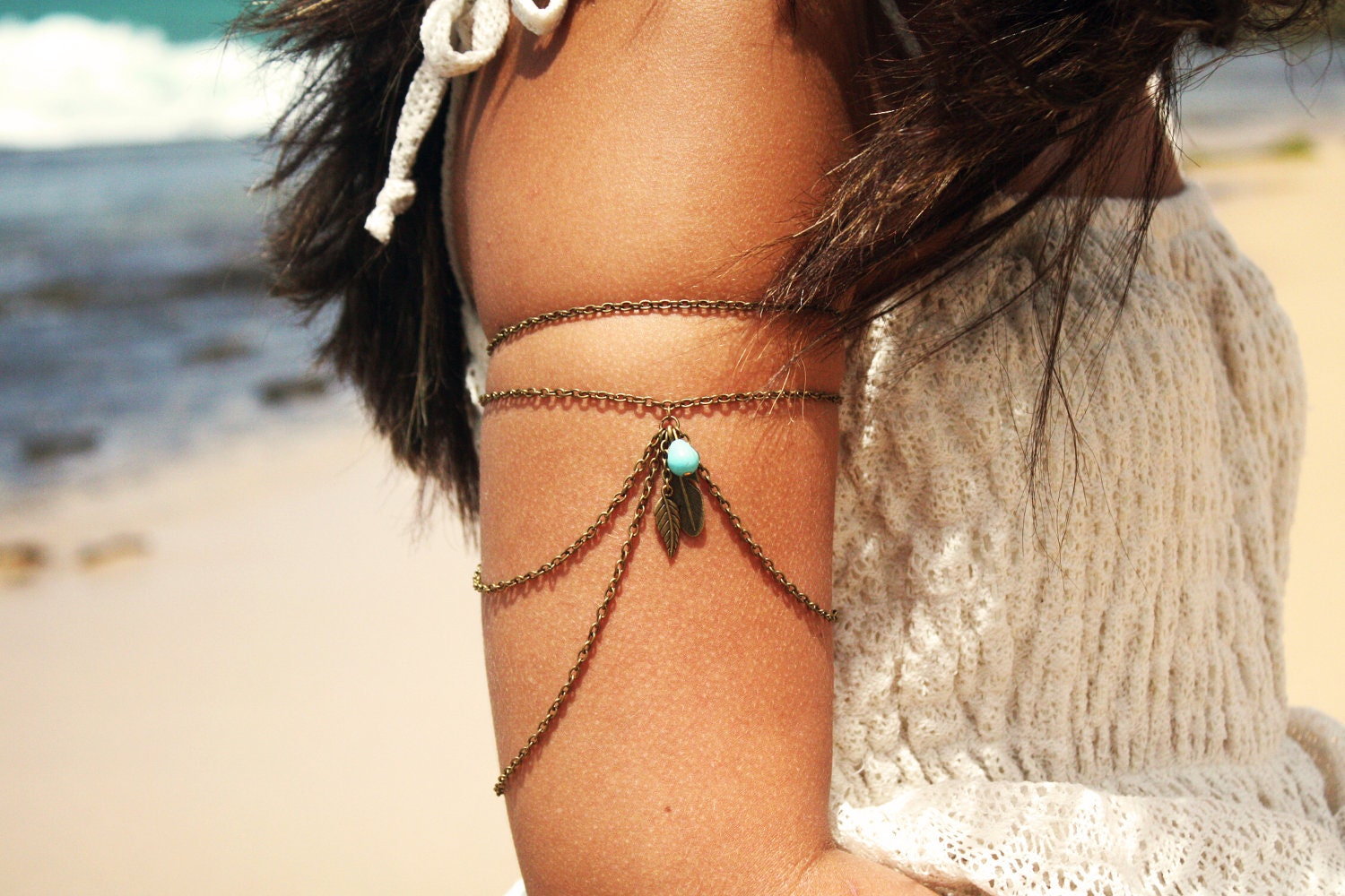 Armlet Slave Bracelet Arm Bracelet Piece Hipster Bronze Chain Feather Charm Turquoise Bead Bohemian Drape Body Jewelry
