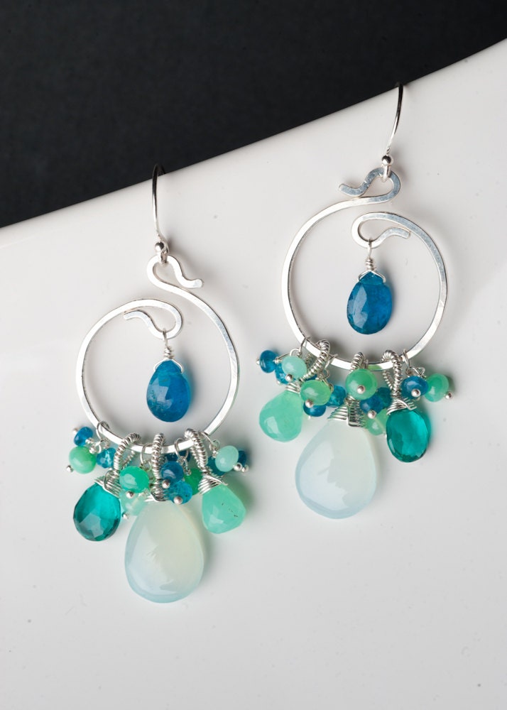 SALE - Silver Spiral Earrings w/ Tropical Ocean Gems, Chrysoprase, Aqua Chalcedony, Apatite, Teal Quartz: Asha
