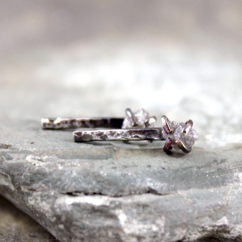 Rustic Round Shape Natural Raw Diamond and Sterling Silver Stud Drop Style Earrings - April Birthstone - Raw Diamond Gemstone Earring