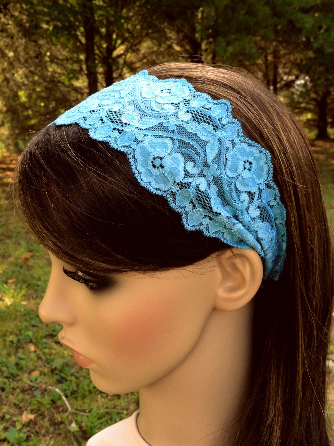 Head band Sapphire Blue Stretch Lace Headband Hair Band Head Wrap Scarf Covering Headcovering