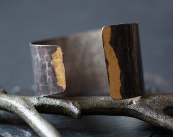 Asymmetrical Keum Boo Cuff Bracelet - sterling silver, 24kt gold, hammered, oxidized, black and gold, modern