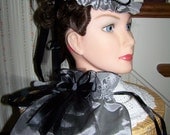 Civil War Hat and Reticule,Victorian Ladies,Gray teardrop ridged satin with Black Satin ruffle costume
