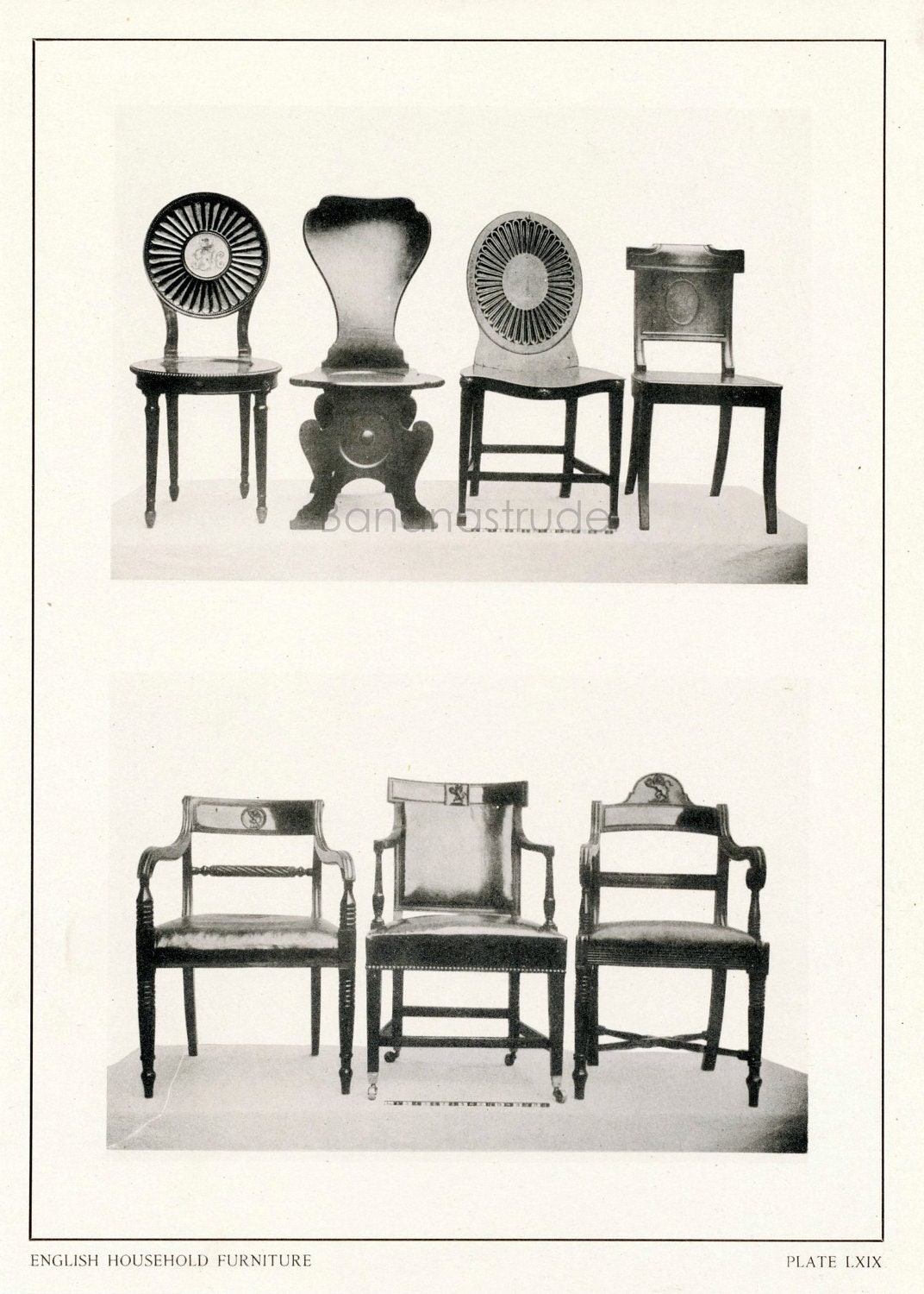1900 Antique Black and White Illustration of English Household Furniture. Hall Chairs and Armchairs. Plate 69