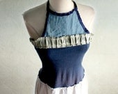 Boho Halter Dress Women's Clothing Navy Blue White Pinstripe Recycled Clothes Leather Ruffle Knee Length Eco Fashion Small 'SHILOH'