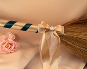 Classic Jump Broom Made in Your Custom Colors with Rhinestone Accent ..shown in teal green/champagne