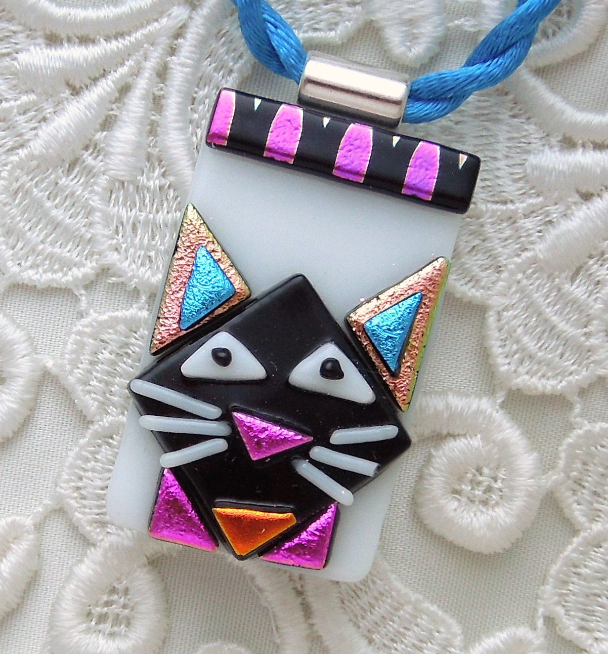 Cat Pendant, Fused Dichroic Glass Jewelry, Kitty Necklace, Fused Glass Pendant, Cat Jewelry X5625