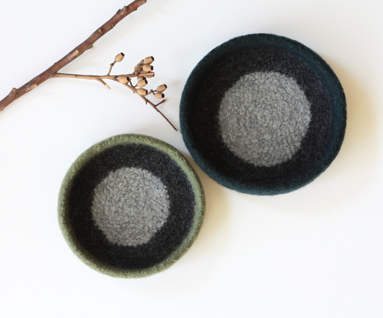 Pine-Moss Dot Felted Bowl Duo