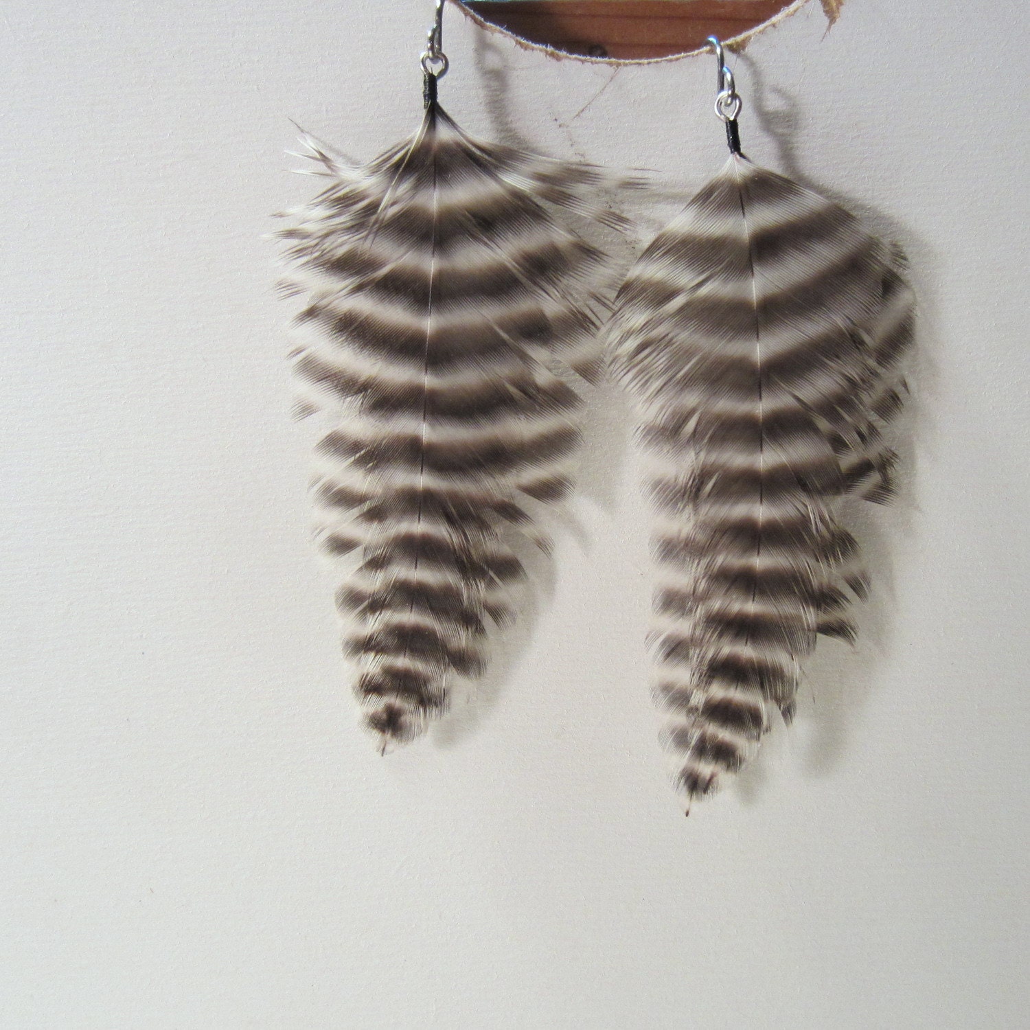 natural feather earrings Tiger stripe dangler