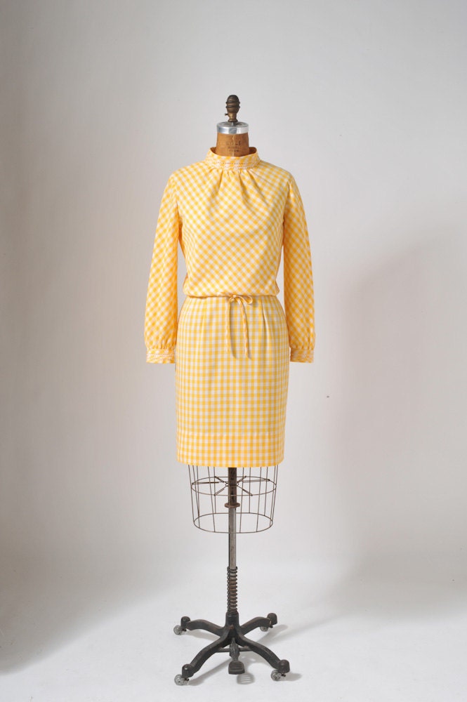 1960s Yellow Cotton Gingham Dress - Sunny Checkered Pencil Skirt