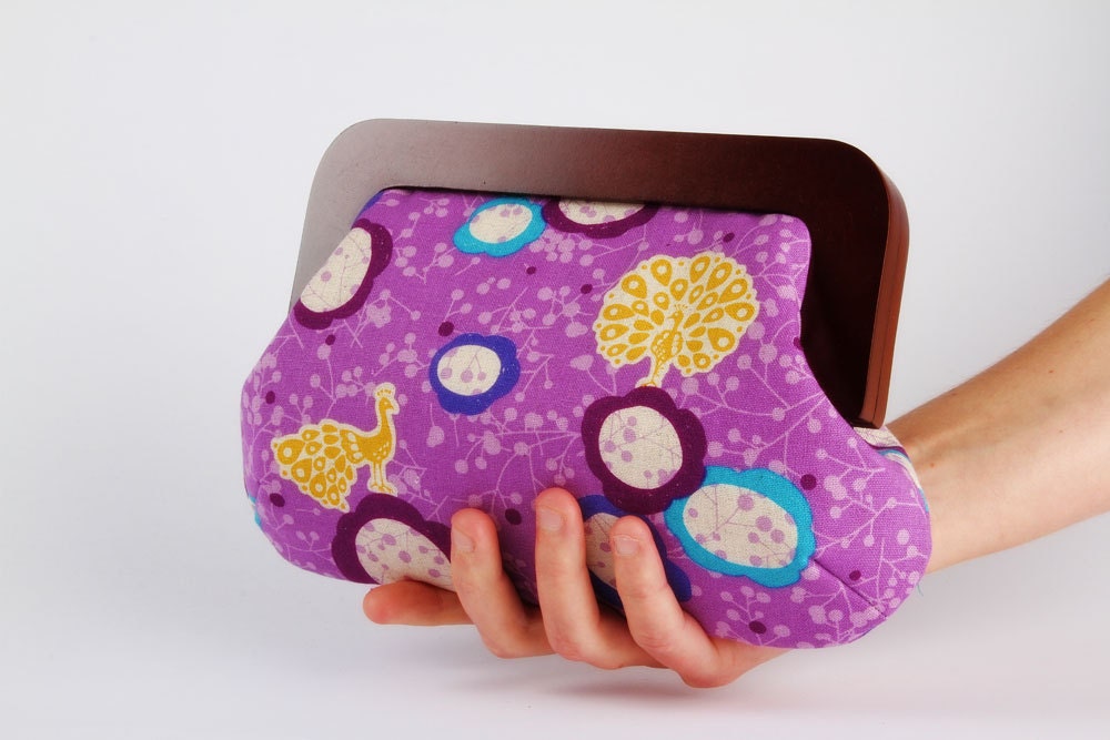Cocktail pouch - Peacocks on purple - wooden frame clutch bag