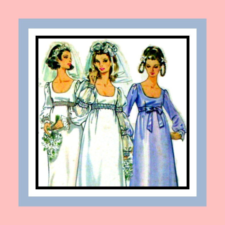 Vintage 1960s- Romantic Empire Waist Wedding Gown- Sewing Pattern- Ballon -Juliette -Bishop -Sleeves- Scoop Neckline- Uncut- Size 14-Rare