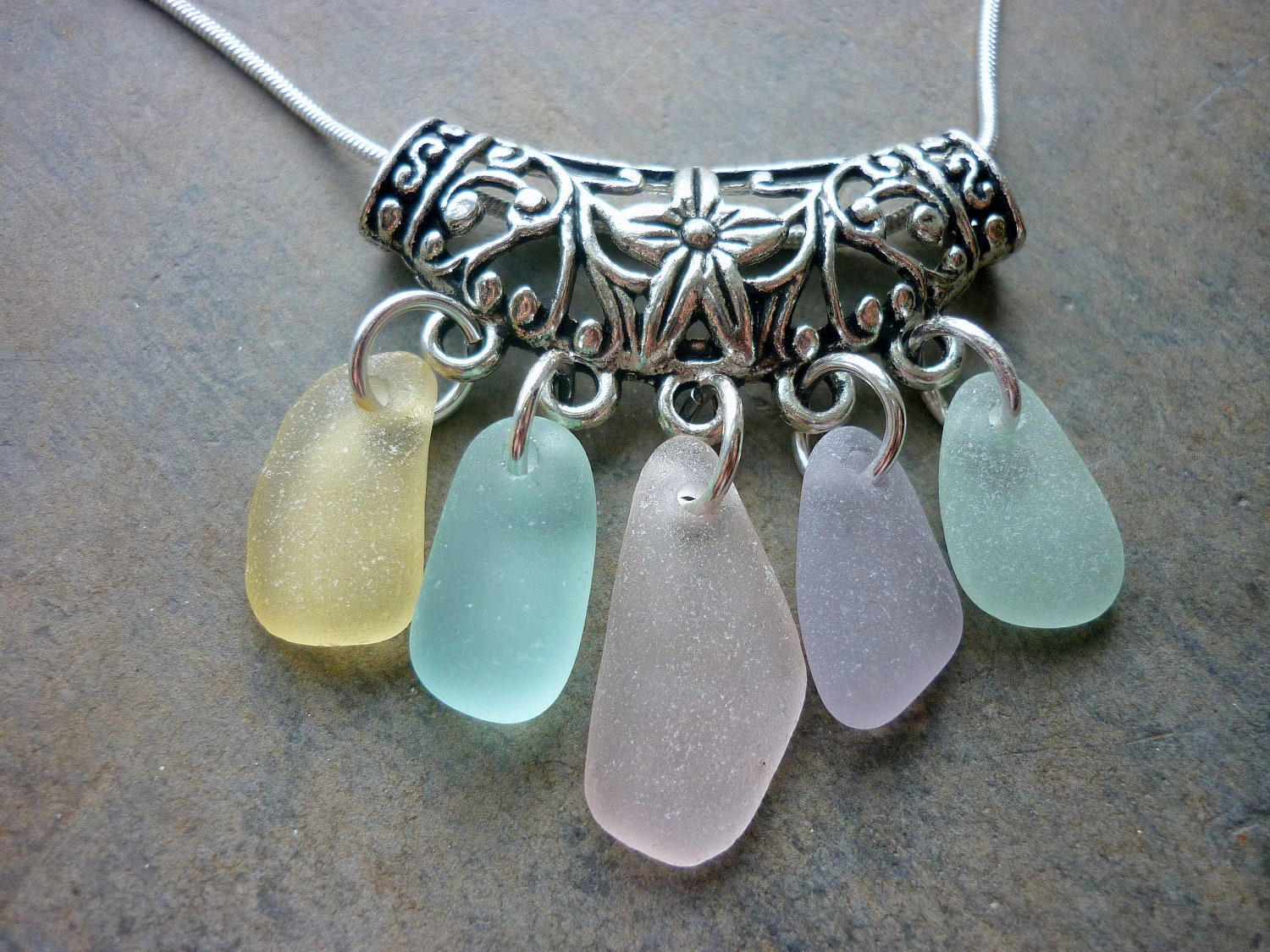 Sea Glass Necklace Aqua - Floral Filigree Seaglass Setting