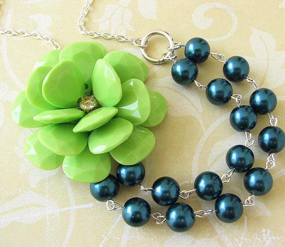Flower Necklace Navy Blue Jewelry Green Statement Necklace Bridesmaid Jewelry Double Strand Pearl Necklace