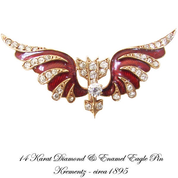 14K Diamond Enamel Flying Eagle Pin Antique Krementz