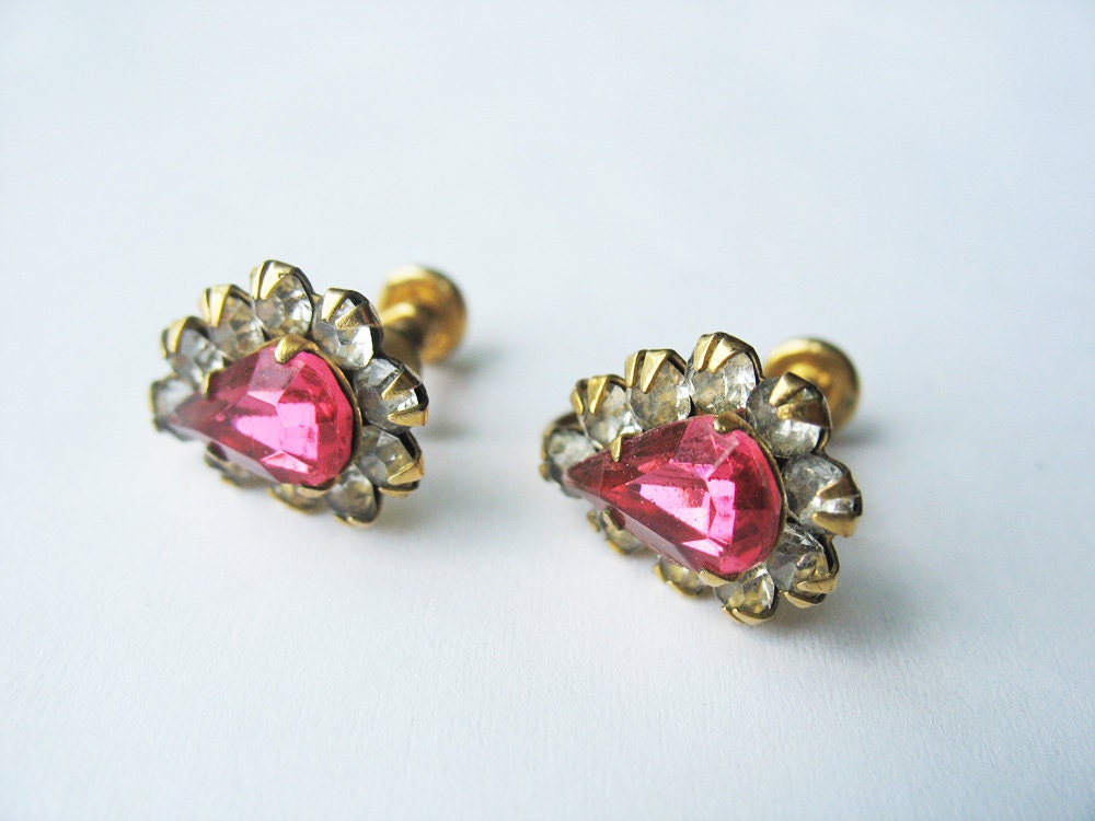 Vintage Rhinestone Earrings :Pink & White 12K Gold Filled Screw Back Circa 1950