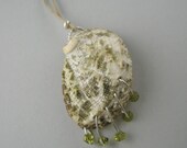 Sea Shell Necklace Pendant Waxed Cotton Cording Green Mossy Swarovski Crystals Sterling Silver Closure Handmade Jewelry Beach Sand Summer