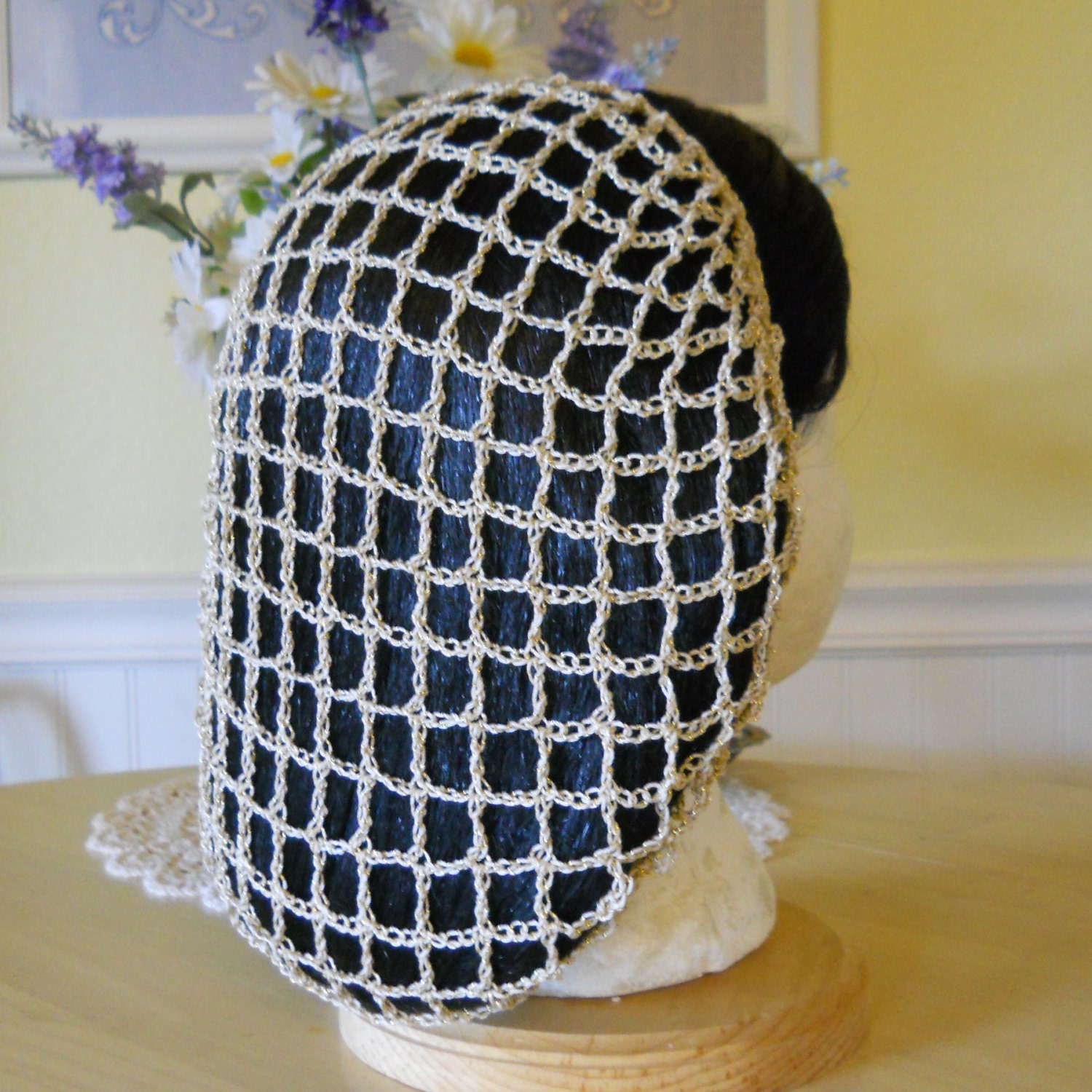 1940s Style Snood Hair Net - Metallic Gold/Natural