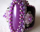 Adjustable Purple Bead embroidered Victorian ring with Jade and antique seed beads. Free WW shipping EBEG