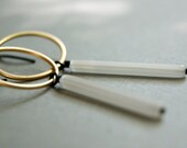 Matte Gold Circle Earrings with White Frosted Bead - Long, Black, Brass, Vintage