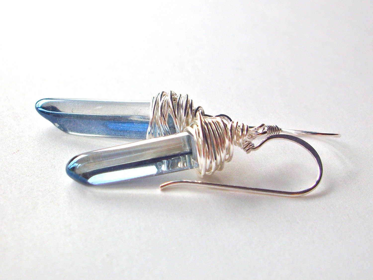 Blue titanium quartz earrings, wire wrapped trendy silver spike crystal gemstone earrings long drop .999 silver filled earhooks