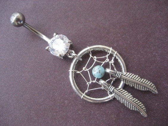 Turquoise Dream Catcher Belly Button Ring- Dreamcatcher Jewelry Feather Genuine Stone Beaded Charm Dangle Navel Piercing