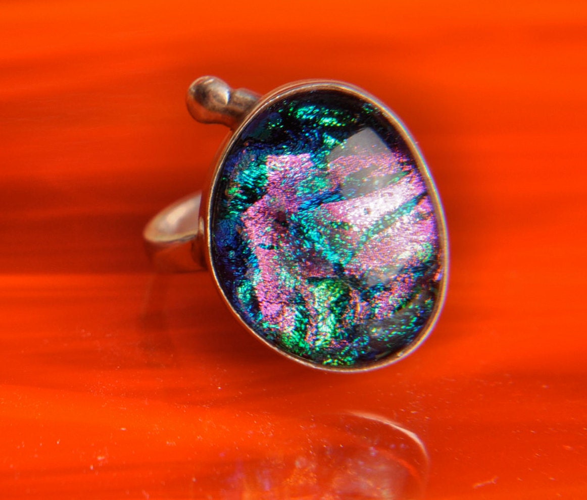 Handmade Dichroic Fused Glass Sterling Silver .925 Adjustable Ring