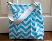 chevron diaper bag in baby blue canvas // water resistant lining // overnight bag // blue zigzag // made to order // the bravo bag