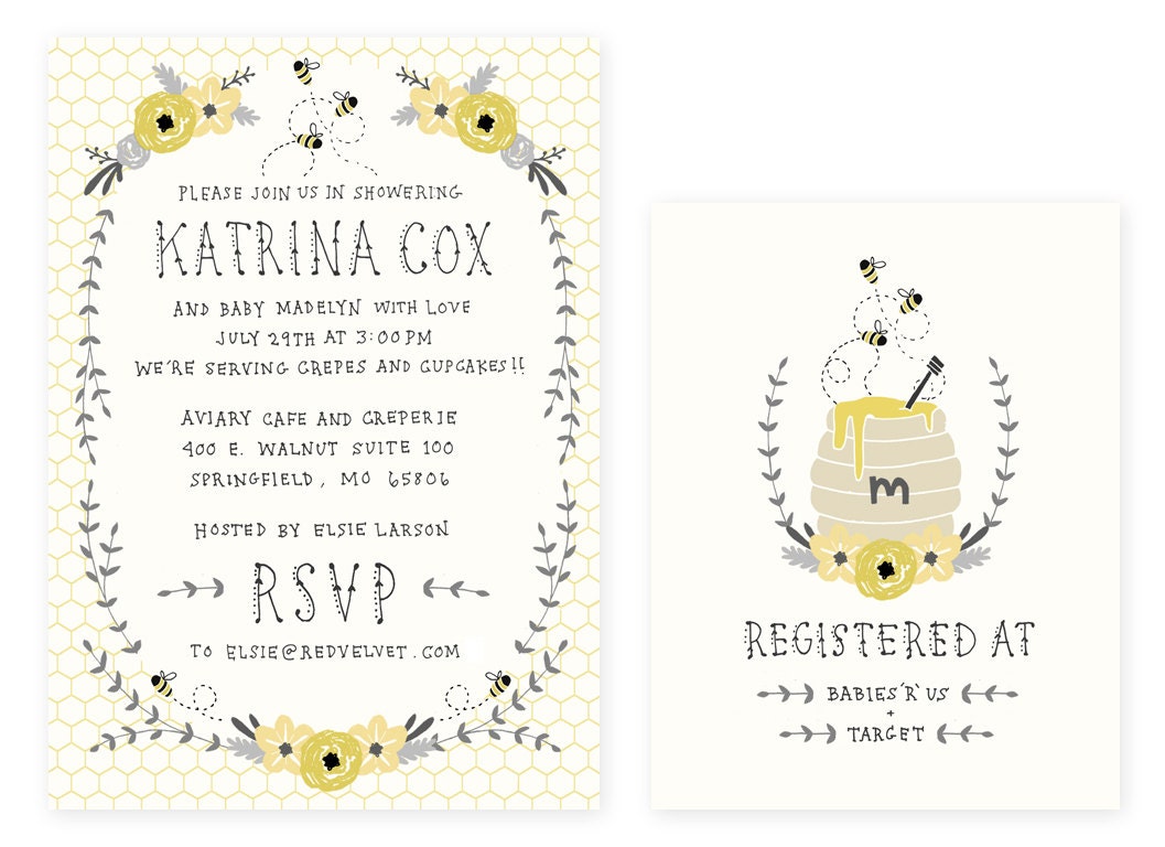 Baby Shower Invitation and Registry Card - Honey Bee. Baby Girl OR Baby Boy