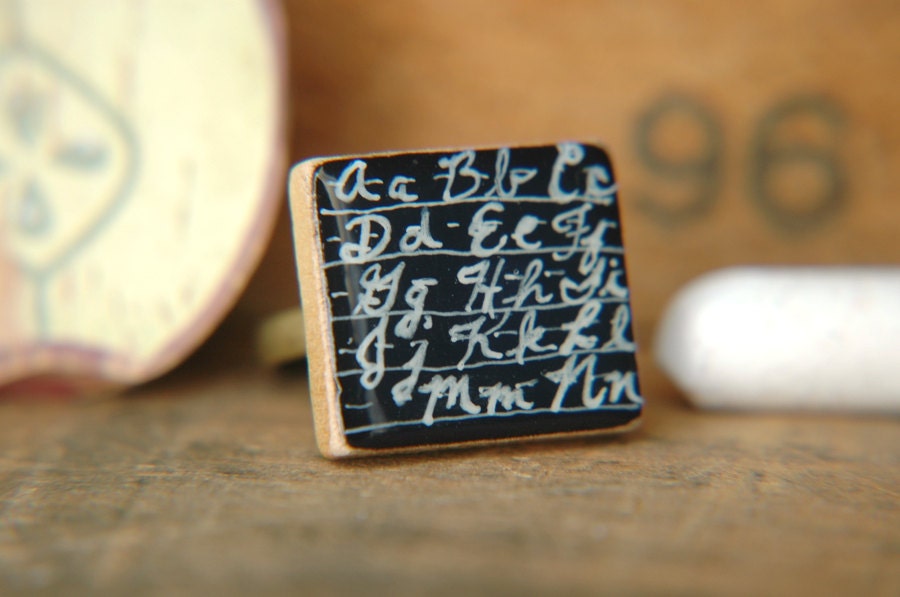 Hand Painted Adjustable Scrabble Tile Ring - Chalkboard Series - Penmanship 101.