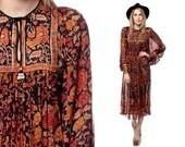 Bohemian Maxi Dress 70s Floral BALLOON SLEEVE Sheer SILK Hippie 1970s Gypsy Festival Black Orange Ethnic Boho Vintage Small Medium Large