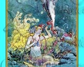 s389  Vintage Art Nouveau Mermaid Music Lover illustration  print panel Cotton Print Fabric square Block Applique 4 Quilt 5x7