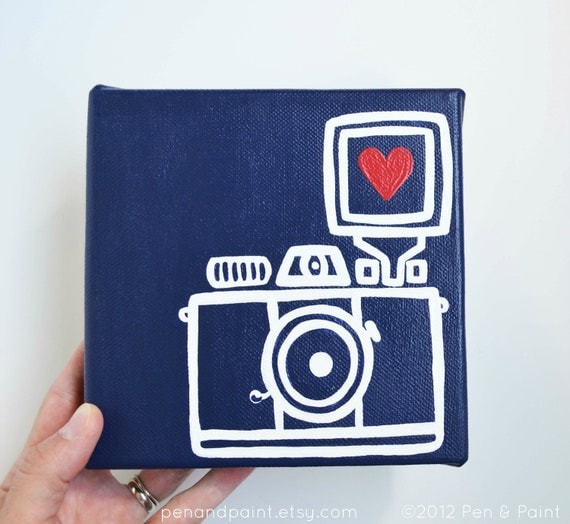 Navy Blue, Dark Blue Camera, Lomography, Diana Mini, I heart photography - Original Painting, Wall Art, Home Decor (4 x 6 Canvas)